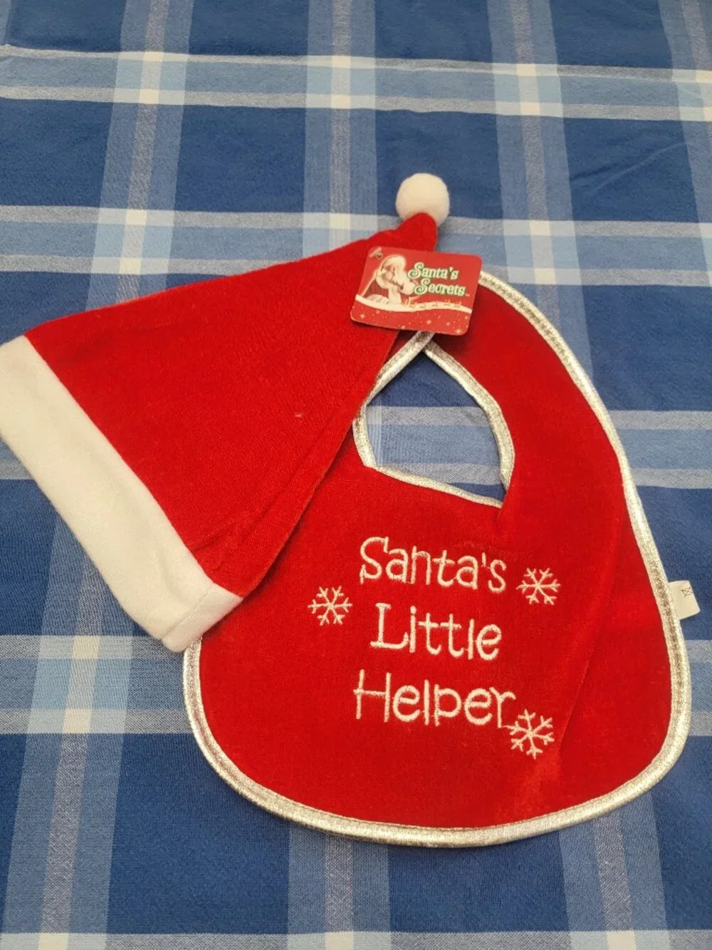 Christmas Santa's Little Helper Baby Infant Hat Cap and Bib NWT